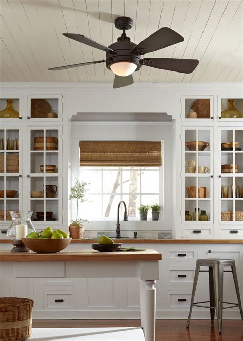 Sloped kitchen ceiling, gray ceiling, blue roman shade. 10 Tips To Help You Get the Right Ceiling fan for kitchen ...