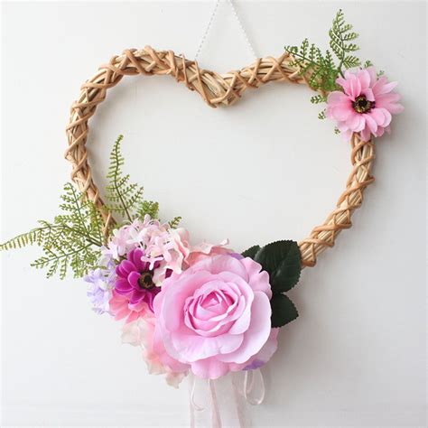 Rattan Heart Wreath With Floral Artificial Rose Wall Window Decoration