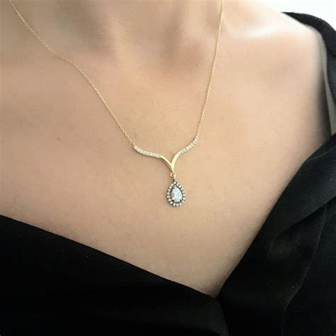 14K Real Solid Gold CZ Teardrop Halo Necklace For Women