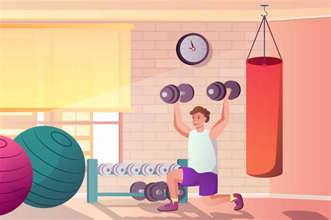 workout at gym concept in flat cartoon design man doing exercises with dumbbells in sports club