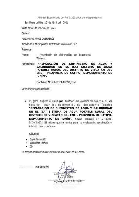 Carta N° 12 Consult Aguero Pago Presentacion De Expediente “año Del