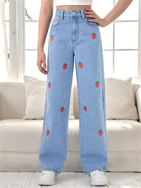 SHEIN Teen Girls Strawberry Print Jeans SHEIN UK