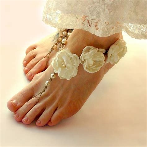 bridal barefoot sandals ivory wedding sandals floral sandals roses pearls ivory hemp
