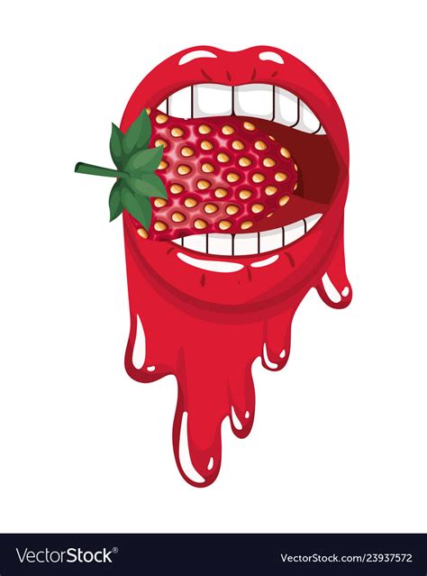 Female Mouth Dripping With Strawberry Fruit Vector Image