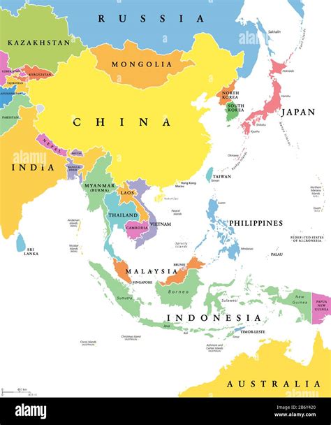 East Asia Single States Political Map All Countries In Different