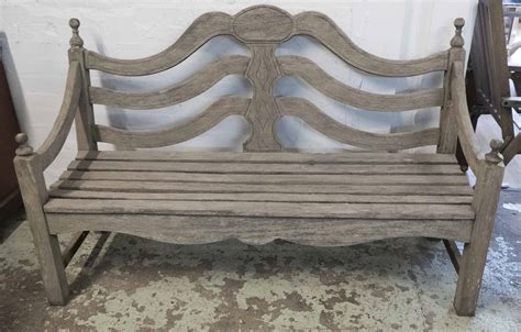 Garden Finial Bench Weathered Teak With Slatted Arched Back And Downswept Arms By P J