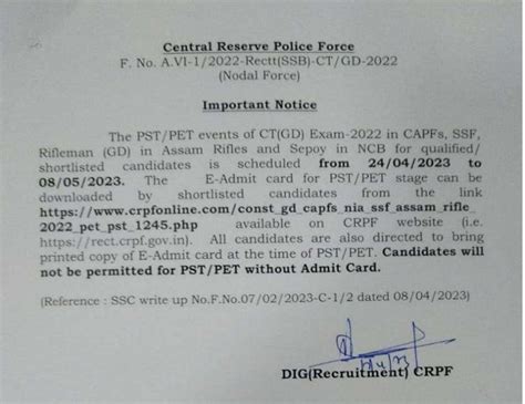 Crpf Ssc Gd Constable Admit Card Physical Test Pst Pet Admit Card