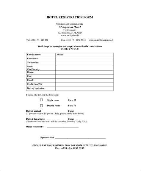 Hotel Registration Form Template Free Sample Example Format Template