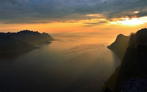 Clouds Nature Mountains Snowy Peak Sky Sunset Fjord Island Sea