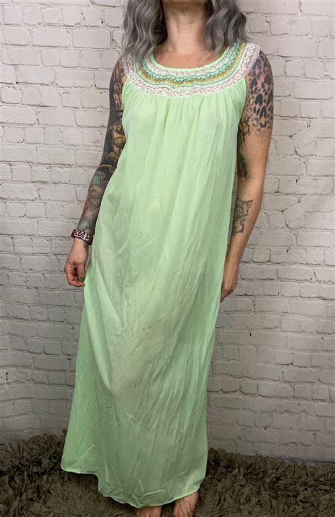 Vintage Lime Green 70s Embroidered Slip Dress Small M Gem