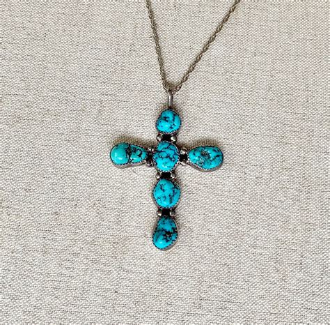 Turquoise Cross Pendant Necklace Vintage Native American Navajo