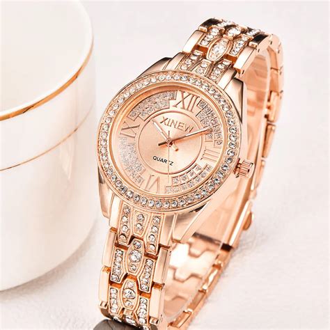 Xinew Luxury Stainless Steel Watches Women Fashion Crystal Bracelet