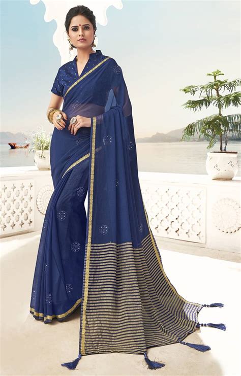 blue plain chiffon saree with blouse triveni 3194928