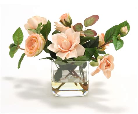 Waterlook Peach Roses And Peach Gardenias In 4 Square Glass Vase