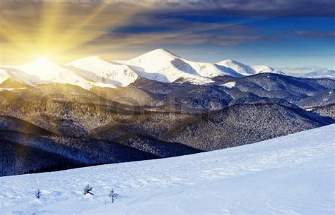 Majestic Sunset In The Winter Mountains Landscape Hdr Image Stock