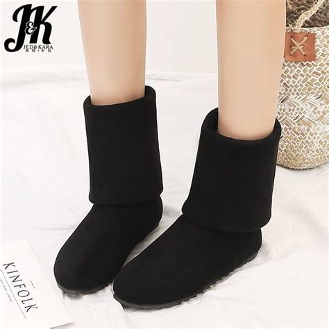 Jk Stretch Flock Women Boots Round Toe Footwear Mid Calf Casual Female Boots Flat With Shoes