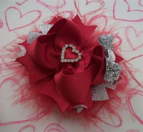 Valentines Day Bow Silver And Red Fluffy Marabou Bow Boutique Bow With