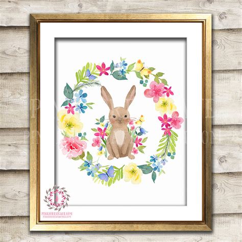 Boho Bohemian Bunny Rabbit Woodland Printable Wall Art Print Floral Nu