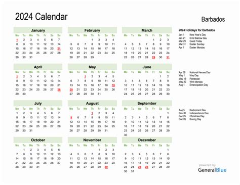 Holiday Calendar 2024 For Barbados Monday Start