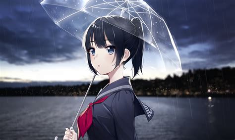 Download 1536x2048 Anime Girl Raining Umbrella Black Hair Ponytail