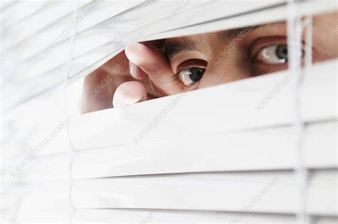 Man Looking Through Office Blinds Stock Image F0033272 Science