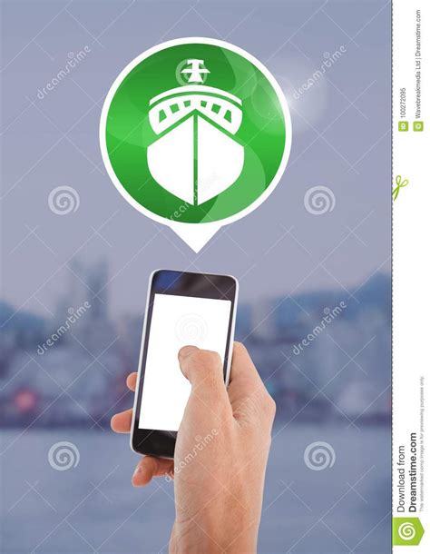 Hand Holding Phone With Ship Icon In City Stock Image