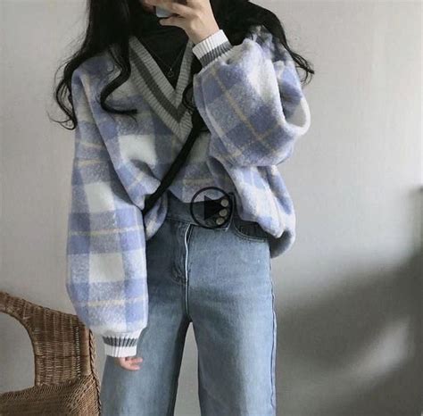 Korean Fashion Fall Winter Outfit Blue V Neck Oversized Plaid Sweater