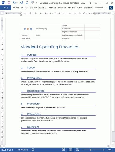 Procedure Template Ms Word Standard Operating Procedure And Sop Forms