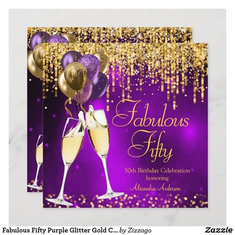 Fabulous Fifty Purple Glitter Gold Champagne Sq Invitation