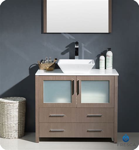 36 Gray Oak Modern Bathroom Vanity Vessel Sink With Faucet And Linen