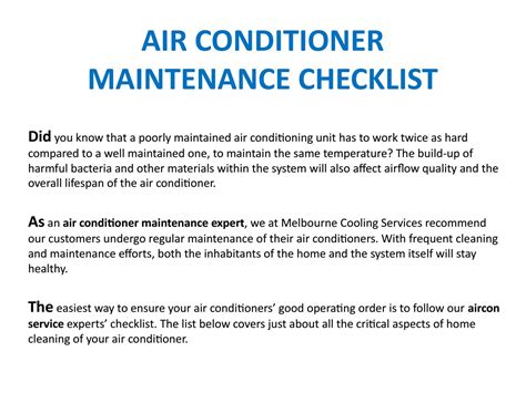 Air Conditioner Maintenance Checklist By Melbourne Cooling Services Issuu