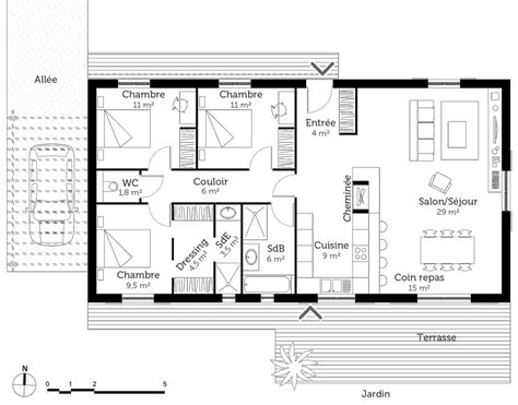 Maison à étage de 100 m², 5 pièces, 4 chambres, 2 salles de bain, et avec garage. plan de maison 3 chambres salon cuisine douche : Infos et ...