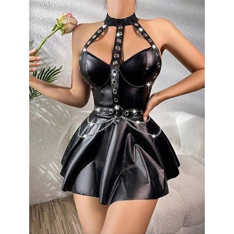 punk and gothic sexy costume dress women s rivet solid color halloween carnival performance dress