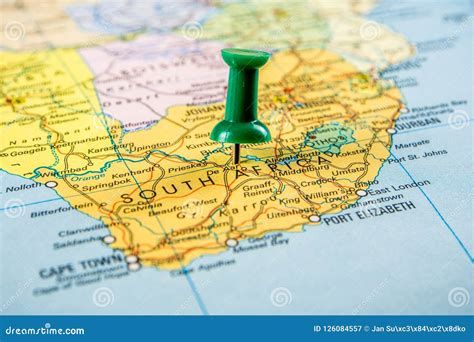 Draw Pin Stick Into Real Map Travelling To South Africa Stock Image