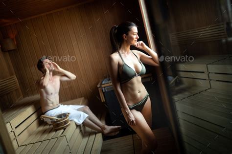 Happy Couple Having A Steam Bath In A Sauna Stock Photo By Nd