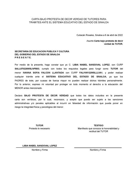 Carta Compromiso Carta Bajo Protesta De Decir Verdad De Tutores Para