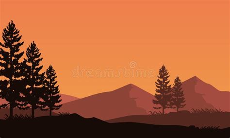 Realistic Mountain Views With Silhouettes Of Surrounding Pine Trees At
