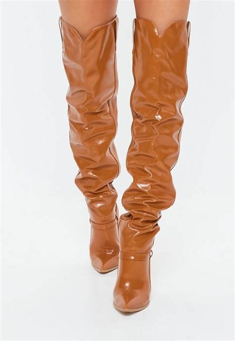 Tan Block Heel Faux Leather Thigh High Boots Missguided Boots Women Shoes Online Tan Block