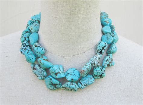 Chunky Turquoise Necklace Chunk Nugget Necklace Double Strand