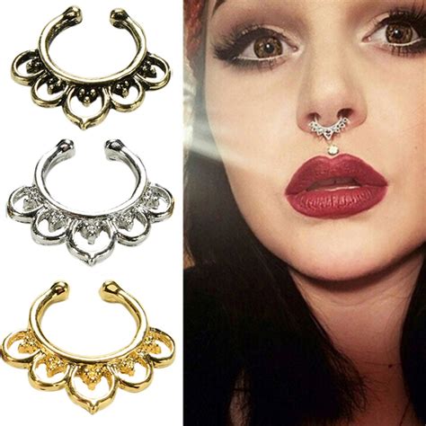 1pc Women Crystal Gold Faux Piercing Nose Studs Septum Clip Jewelry