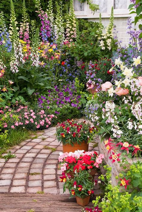 Stone Garden Path With Lush Flower Garden Plant And Flower Stock