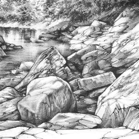 Pencil Landscape Drawing Print Realistic Water Landscape Pencil Trees Drawing Nature Sketch Art