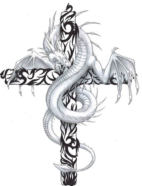 White Dragon Curled Around Tribal Patterned Cross Tattoo Design