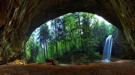 Hd Wallpaper Nature Landscape Trees Forest Waterfall Cave Long
