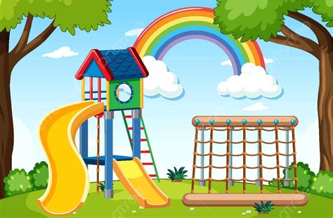 Cartoonstyle Daytime Park With Rainbow And Kids Playground Vector