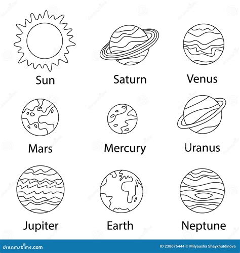 Black And White Poster With Solar System Planets With Names Stock