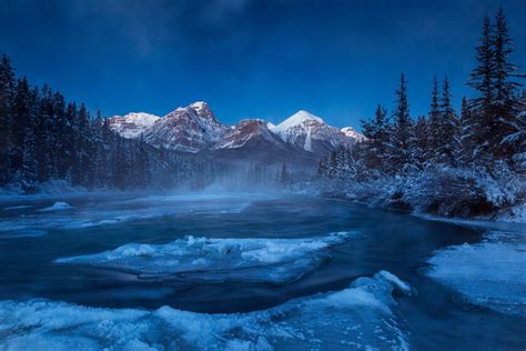 Canada Albert Mountain Forest River Winter Snow Night Hd