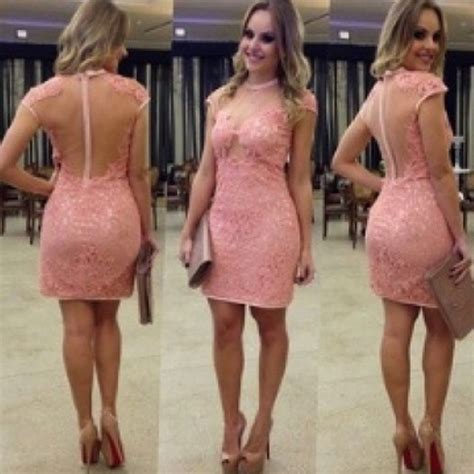 Elegant Short Sleeves Pink Lace Cocktail Dresses Sex See Through Back