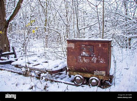Disused Coal Wagon Railway Tracks In The Snow In Germany Stock Photo
