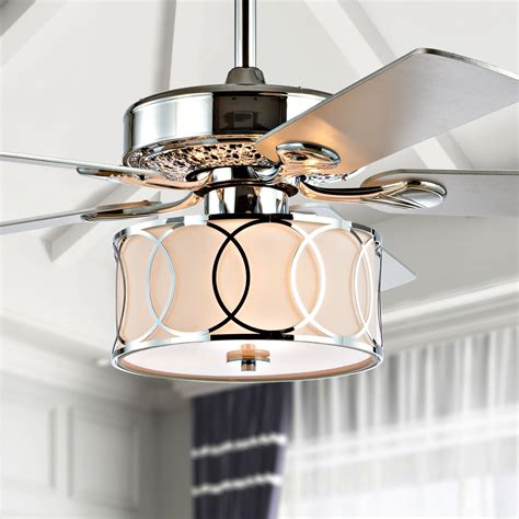 Ceiling Fan Drum Light Crystal Decorated Off White Shade Flushmount
